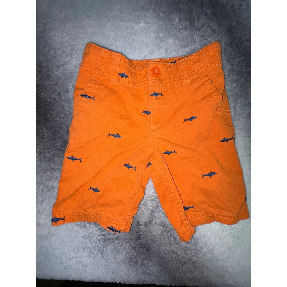(B4) Sonoma Boys Orange Shark Embroidered Chino Shorts 5 Cotton Nautical Summer‎